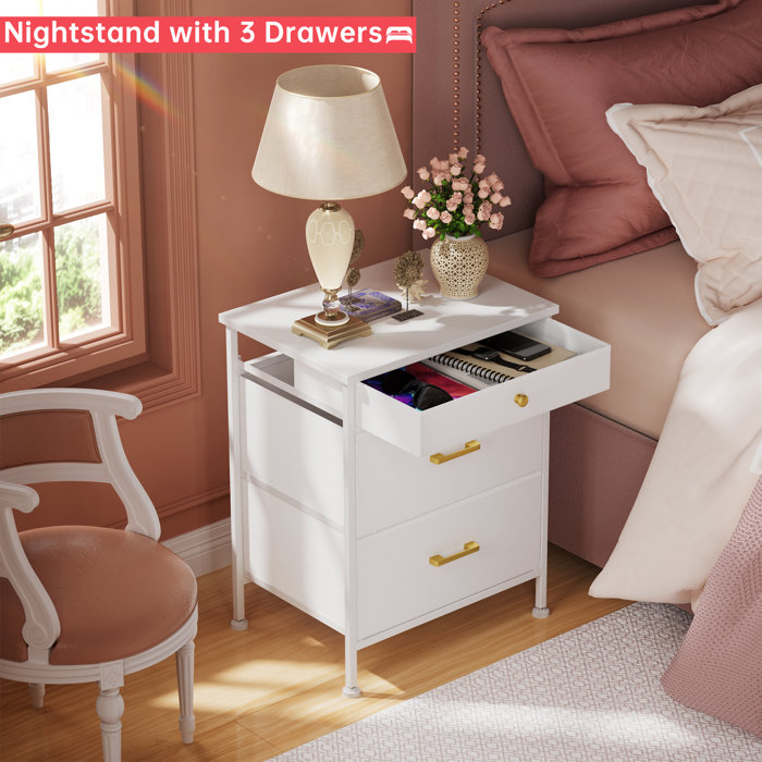 Ebern Designs Tineka Nightstand, Small Dresser, End Table with 3 Fabric Drawers for Bedroom